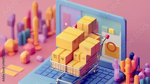 Online shopping concept with cart full of boxes on laptop screen, e-commerce success