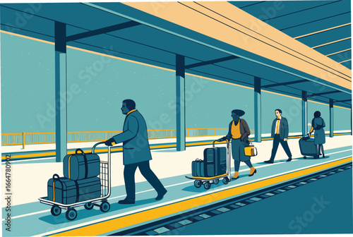 Train terminal platform with luggage carts and waiting passengers.
