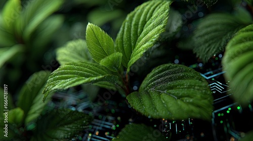 Green Leaves with Water Droplets Over Circuit Board Symbolizing Nature-Tech Integration and Eco Innovation