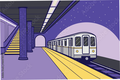 Subway platform, train arriving in tunnel.