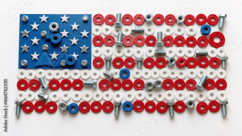 Creative American Flag Made from Hardware Components: Patriotic Symbol of Strength, Unity, and Ingenuity with a Modern Industrial Aesthetic