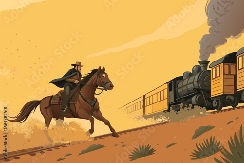 An outlaw pursues a train on horseback in a flat, Wild West scene.