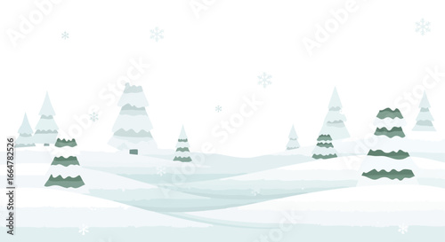 Serene Winter Landscape with Snow-Covered Trees and Gently Falling Snowflakes, creating a tranquil and picturesque seasonal scene that evokes a