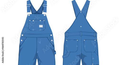 Blue denim overalls front and back isolated on white background offering versatility for fashion designs or illustrative projects adding a touch of