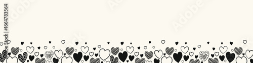 Background with hand drawn flying hearts. Banner design in cartoon style. Doodles. Concept for Valentine’s Day, Mother’s Day and Women’s Day. Vector illustration