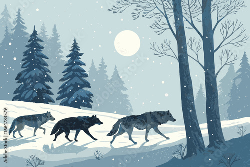 Wolves traverse a snow-laden forest in a flat, bold style.