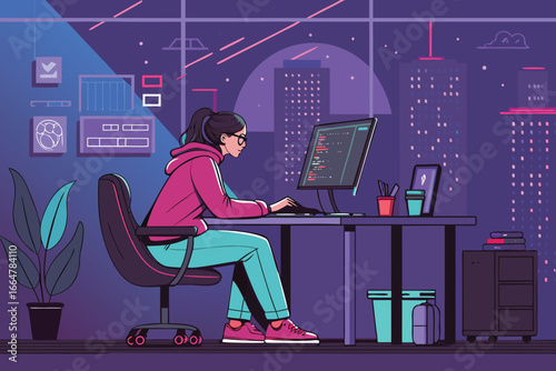 Woman coding at night, illuminated by neon lights.