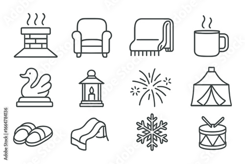 Cozy winter icons collection featuring fireplaces, armchairs, and hot beverages