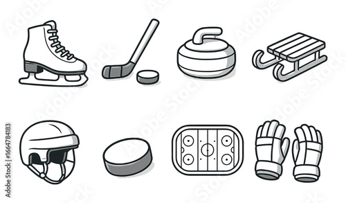 Winter sports equipment: ice skates hockey stick curling stone sled helmet puck rink gloves
