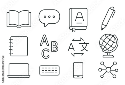 Education and communication icons: book, speech bubble, dictionary, pen, notebook, alphabet, translation, globe, laptop, keyboard, smartphone, network