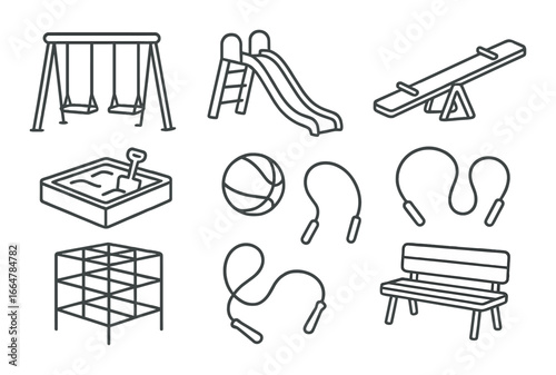 Playground equipment icons featuring swings, slide, seesaw, sandbox, ball, jump rope, bench