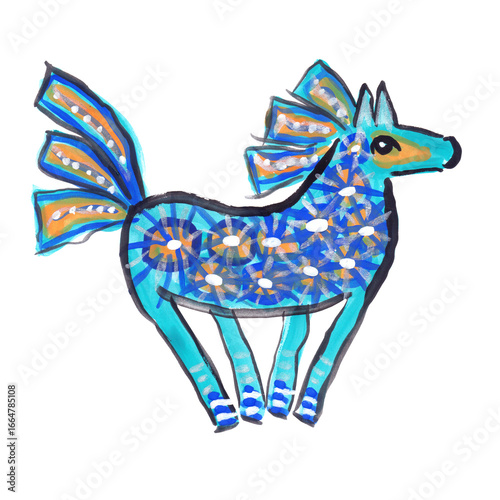 Folk art horse, mare, pony, foal, trotter, stallion, nag with blue and silver glitter pattern. Gouache painting in children style. Funny characters, bright colours.