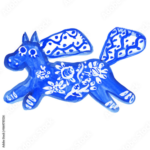 Blue and white Gzhel horse, pony, foal, trotter, jumping. Gouache painting in folk art, craft, children style. Funny characters, bright colours.