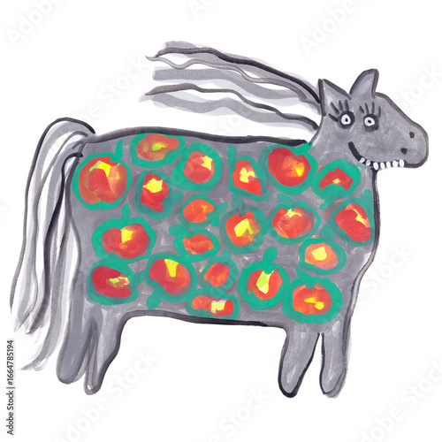 Dapple horse, mare, pony, foal, trotter, stallion, nag Smiles and shows teeth, looking with curiosity. Gouache painting in folk art, craft style. Funny characters, bright colours.