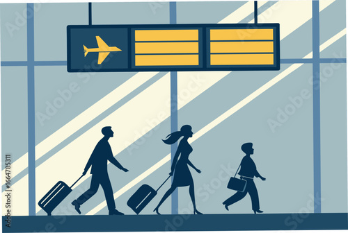 Airport departure terminal signboard with travelers.