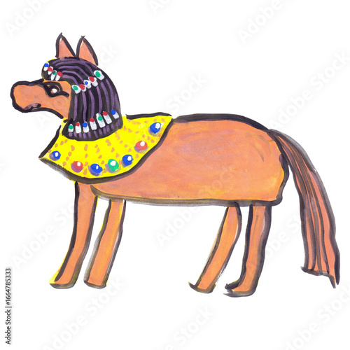 Ancient Egyptian style horse, pony, foal, stallion, is  standing, looking with curiosity. Adorned with a wig, gold necklace, and precious stones. Gouache. Children style.