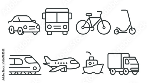 Outline illustrations of various transportation modes on gray background