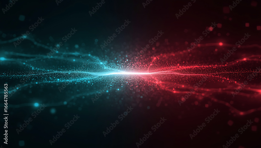 Obraz premium Abstract glowing particles and light streaks in contrasting blue and red colors creating a dynamic energy flow