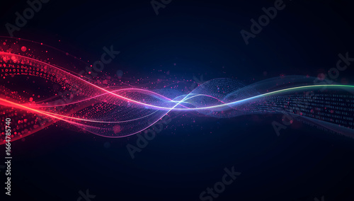 Abstract digital wave of glowing red and blue light particles flowing across a dark background with binary code elements