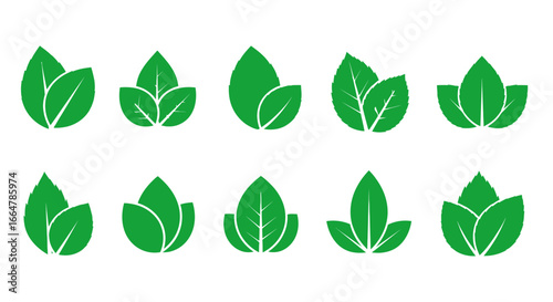 Collection of stylized green leaf icons representing nature and growth