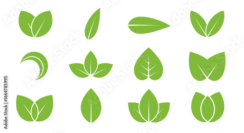 Collection of green leaf icons and symbols for nature and ecology
