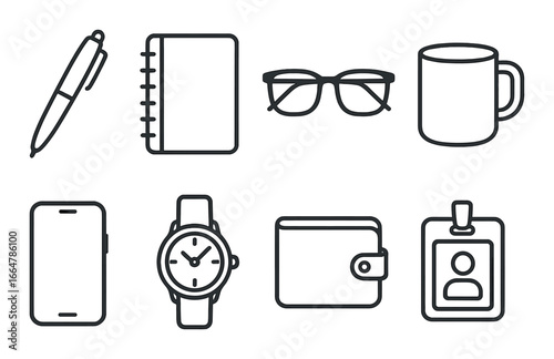 Silhouette of office supplies and accessories on dark background