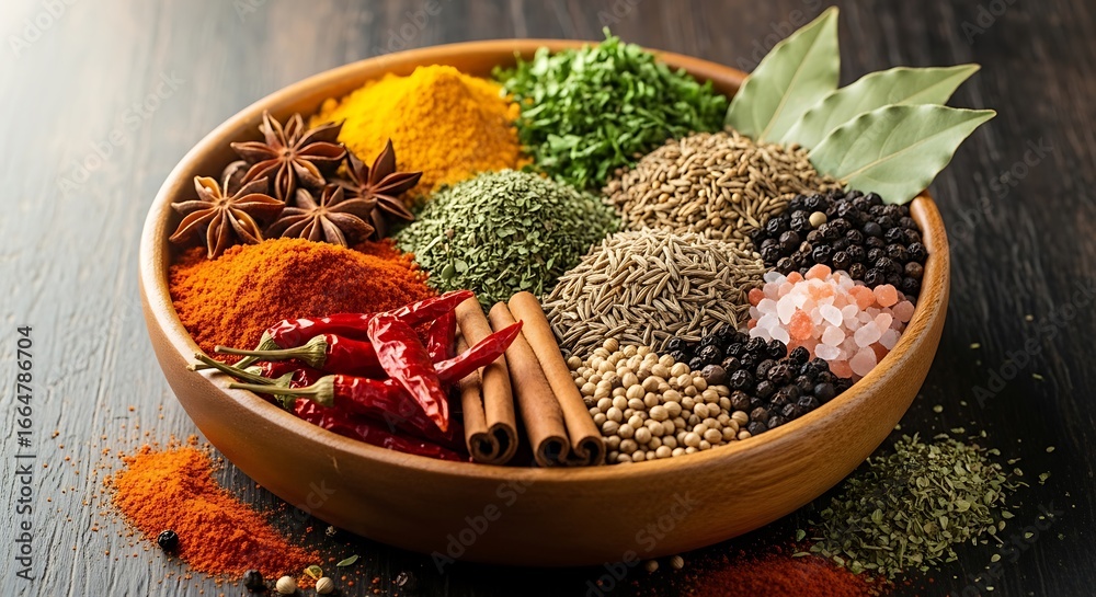 Fototapeta premium A wooden bowl filled with an assortment of colorful spices and herbs on a dark surface top view