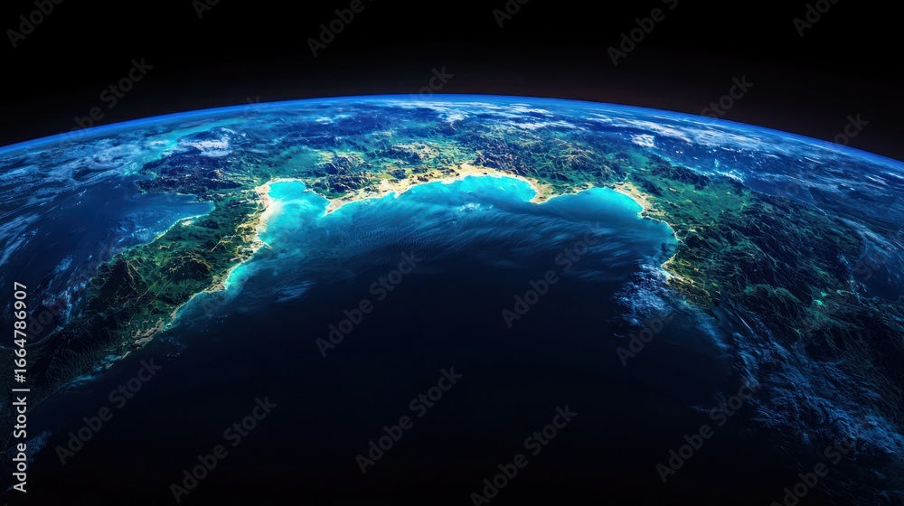 Fototapeta premium A view of Earth from space, with the bright blue oceans and green landmasses contrasted against the vast darkness of space.