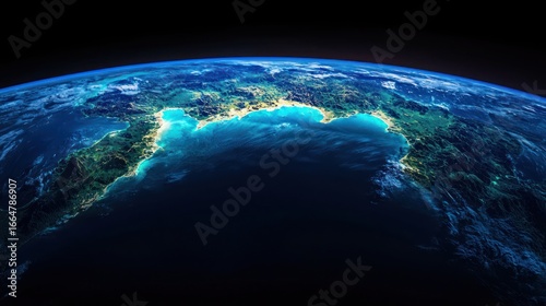 A view of Earth from space, with the bright blue oceans and green landmasses contrasted against the vast darkness of space.