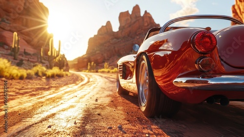 A vintage car cruising along a desert highway at golden hour, dramatic shadows, low-angle view with lens flare.