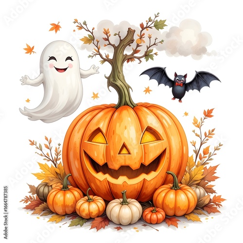 Charming Halloween Jack-o'-Lantern with a Cute Ghost, Bat, and Autumn Leaves for Holiday and Party Illustrations