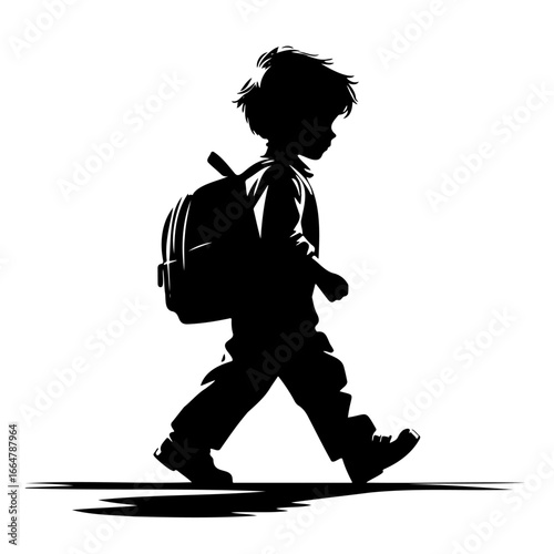 Black Silhouette of a Boy Walking with a Backpack
