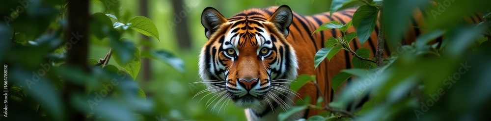 Fototapeta premium A Bengal tiger stealthily hidden behind dense green branches in a lush forest, its eyes sharply observing, creating a tense and wild atmosphere