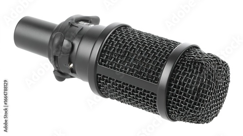A professional black condenser microphone isolated on a white background