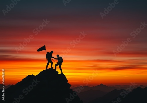 Wallpaper Mural Teamwork Victory: Climbers Celebrating on Mountain Peak at Sunset Torontodigital.ca