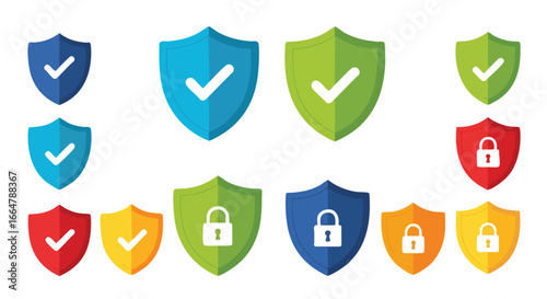 Digital security emblem arrangement showcasing protection icons in various colors, illustrating data integrity and defense against cyber threats,