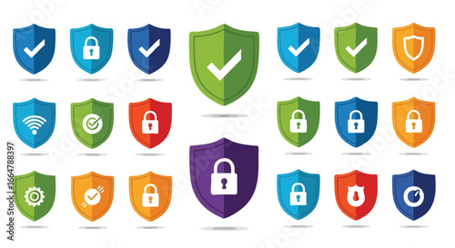 Collection of security shields icons depicting various protection levels and functional system control with diverse symbols and vibrant colors,