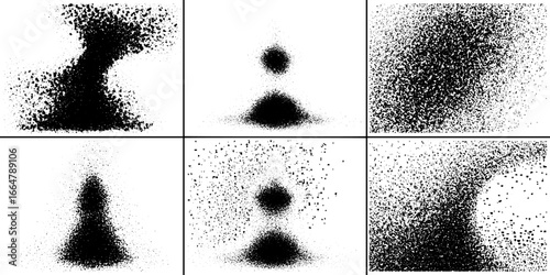 Stippling and dotwork art: set of abstract spray fragment designs