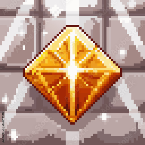 Pixel art yellow diamond gem icon with sparkle effect on stone background