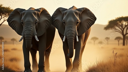 African Elephants Sunset Savannah.