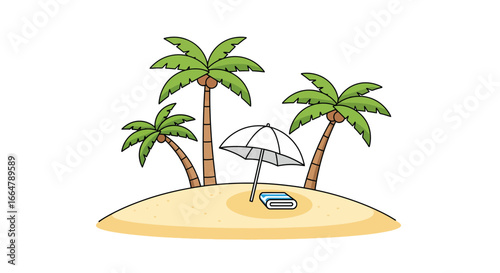 Relaxing tropical island getaway with palm trees, a beach umbrella, and a towel, perfect for a serene summer vacation illustration