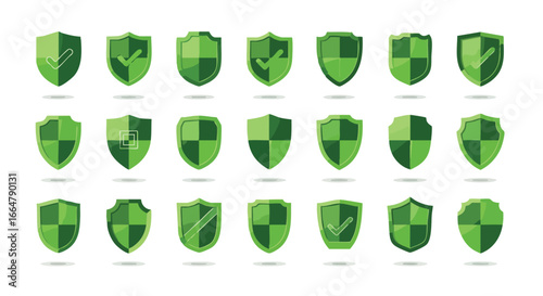 Collection of diverse green shield vector icons representing security and protection, symbolizing trust and reliability in a digital landscape and