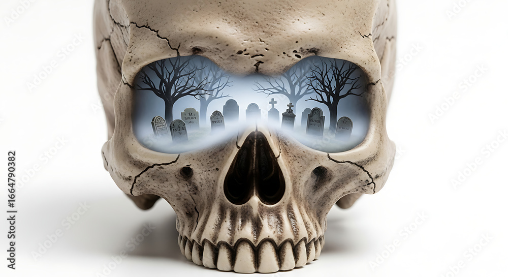 Naklejka premium Abstract Cemetery Reflection in Skull Eye Sockets - A Memento Mori Concept