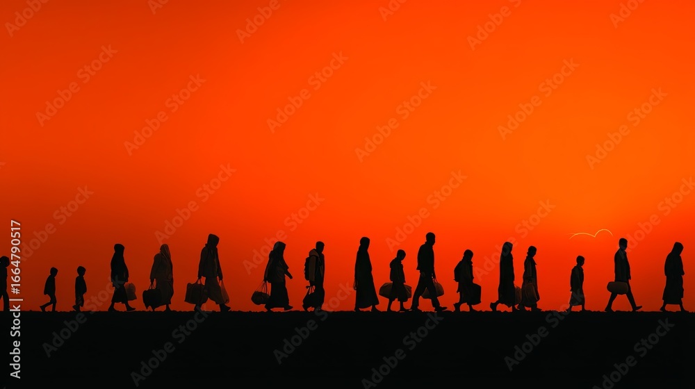 Fototapeta premium Silhouetted Group Walking in Line Against Vibrant Sunset Gradient of Orange, Red, and Deep Blue