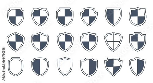 Set of vector shield icons illustrating protection and security concepts, ideal for graphic design projects requiring a safety assurance theme
