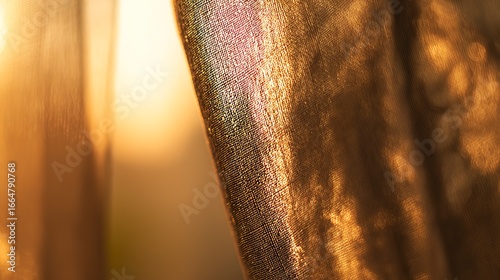 Warm sunlight catches the texture of a golden curtain, creating a rich sheen