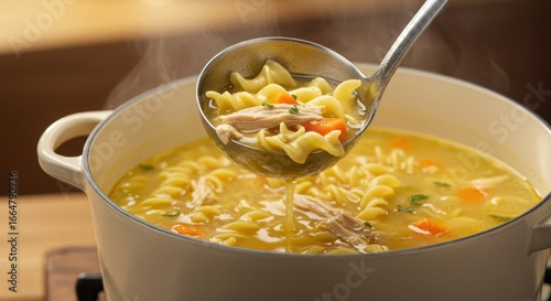 Steaming Hot Chicken Noodle Soup in a Ladle and Pot