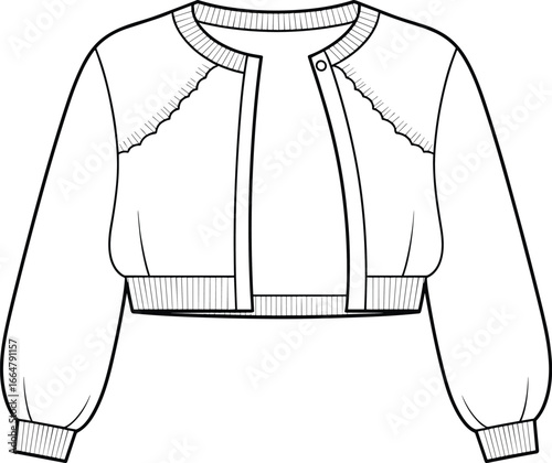 Cropped Cardigan Jacket Flat Sketch Technical Drawing Vector Illustration CAD, Fashion Apparel Design Template with Long Puffed Sleeves and Ribbed Hem