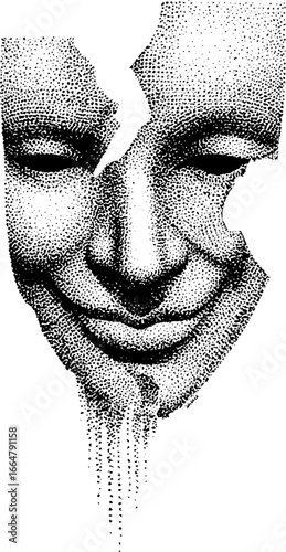 Abstract stipple art of a broken face in dotwork style for artistic design