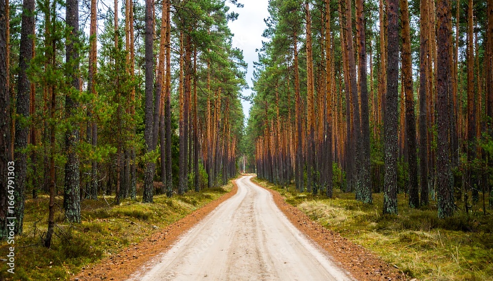 Obraz premium A winding dirt road leads through a dense forest of tall pine trees.